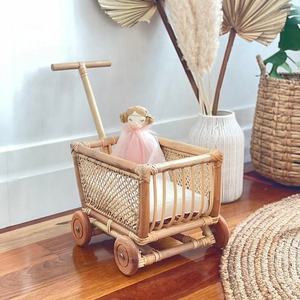 Outstanding Handwoven Natural Wicker Baby <b>Doll</b> Wagon Rattan Toy Wooden Wheels Push Walker Cushion Nursery Decor Pretend <b>Play</b> - Product Image 2