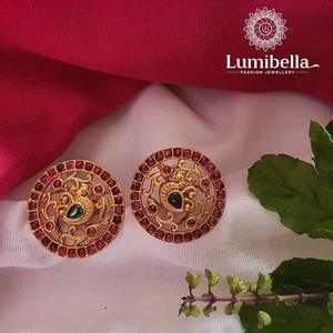 18K Gold Plated Brass Geometric Peacock Stud Earrings with Zircon and Pearl - Product Image 3