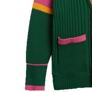 Women's Green Pink Color Blocking V-neck Cardigan Full Sleeve Casual Knitted Sweater Autumn Wear Anti-Pilling 100% Acrylic - Product Image 2
