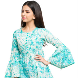 Premium quality <b>women's</b> <b>turquoise</b> color and cotton <b>top</b> wholesale price bell sleeves and tie and dye print round neck <b>top</b> - Product Image 1