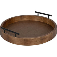 Plateau rond en bois de la plus haute qualité, style rustique, brun naturel, plateau de service pour table basse avec poignées en métal noir, en promotion