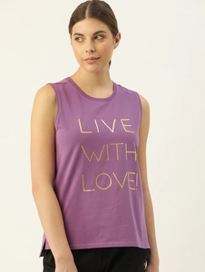 Débardeur sans manches violet pour femme, col rond, imprimé « Live With Love » en feuille d'aluminium, en coton tricoté décontracté - Product Image 1