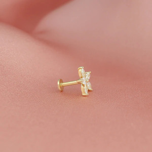 14K Solid Gold Marquise Diamond Labret Tier-1 Source | Precision Jewelry Factory | OEM Internal Threaded Flat <b>Back</b> <b>Earring</b> Bulk - Product Image 2