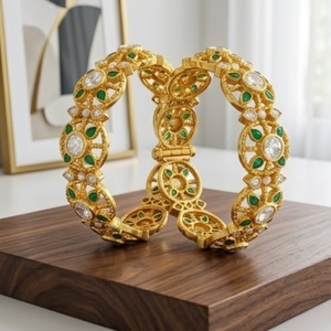 Traditional Ethnic Designer 925 Silver Monzo Bangles Green Stone Crystal Designer <b>Kada</b> Set for Women Wedding Jewelry - Product Image 4