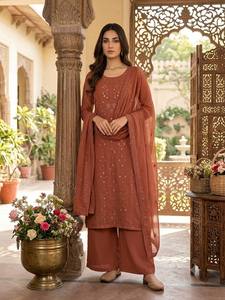 Conjunto de Traje Palazzo Premium MUL CHANDERI de Georgette, Sin Arrugas, con Bordado de Lentejuelas, Forro de Algodón, Diseño Étnico para Fiestas - Product Image 2
