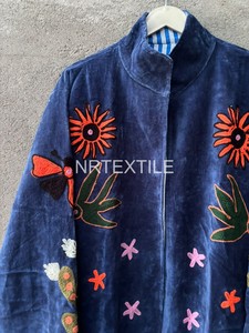 <b>Navy</b> Blue Velvet Long <b>Coat</b> <b>Women</b> Mandarin Collar Open Stitch Hand Embroidered Floral <b>Winter</b> Jacket - Product Image 3