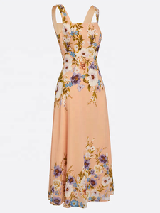 Robe longue sans manches à motif floral pêche pour femme – Confort estival, élégance et polyvalence – Robe de soirée longue coupe trapèze pour femme - Product Image 3