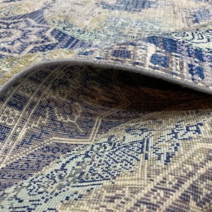 Tapis circulaire moderne oriental à motifs médaillon, bleu indigo et vert jade, tapis en mosaïque vieilli avec franges - Product Image 5