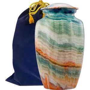 Urne funéraire en pierre naturelle verte et brune avec motif marbré terreux et sac de rangement en velours - Product Image 3