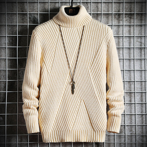 <b>Men's</b> White High Neck Knit Pullover <b>Sweater</b> Striped Vintage Wool/Viscose Winter Warm Full Sleeve <b>Turtleneck</b> Style - Product Image 3