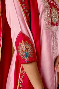 Conjunto Premium de Kurti Anarkali de Seda Romana con Palazzo y Dupatta Bordada |   Ropa Étnica de Diseñador para Mujer |   Exportación al por Mayor - Product Image 3