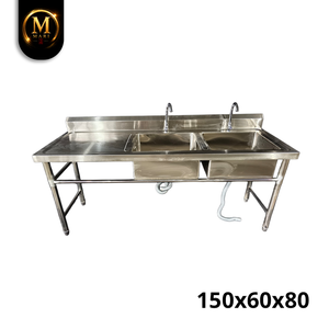High Grade Double Bowl <b>Sink</b> Left Platform 0.8mm Thickness Stainless Steel Freestanding Commercial Kitchen Wash <b>Drainer</b> Bench - Product Image 1