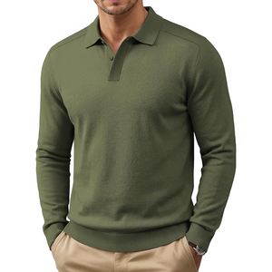 Suéter Polo de Punto para Hombre, Manga Larga, Color Sólido, Estilo Casual Otoñal, Cierre de Botones, Verde Oliva - Product Image 4