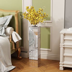 Vaso da terra moderno in alluminio argentato da 76 cm (29,92 pollici) con cubo in vetro per decorazioni domestiche, fiori secchi e accenti a specchio - Product Image 1