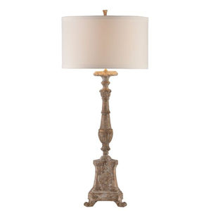 Lámpara de Buffet de Madera Tallada de Primera Calidad con Acabado Envejecido en Blanco Antiguo, con Pantalla de Lino, Estilo Vintage, Decoración para el Hogar y Hoteles, Iluminación Decorativa - Product Image 1