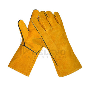 Gants de travail industriels d'hiver en cuir jaune, demi-doigts, résistants à la chaleur, pour soudure, avec fermeture auto-agrippante et poignet allongé - Product Image 6