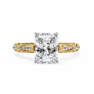 Anillo Solitario de Diamante Cultivado en Laboratorio con Corte Radiante de 3.00 Quilates, Diseño Art Deco con Espiga Milgrain y Puente Pavé, Banda de Oro Amarillo de Dos Tonos - Product Image 1