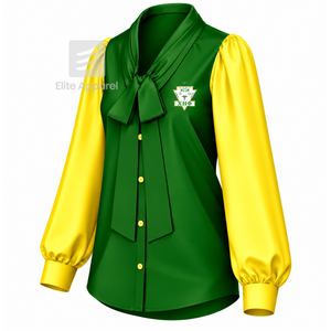 Blusa de satén de la hermandad Chi Eta Phi con cuello de lazo y logo bordado, manga abullonada, blusa moderna verde y amarilla para mujer - Product Image 2