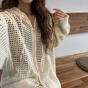 Cardigan à capuche en maille ajourée pour femme, style décontracté et ample, protection solaire, collection été 2026 - Product Image 4