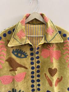 Hand Embroidered Quilted Woven <b>Velvet</b> Breathable Outdoor <b>Jacket</b> Floral Motifs Mandarin Collar Full Sleeve Boxy Style Spring Wear - Product Image 5