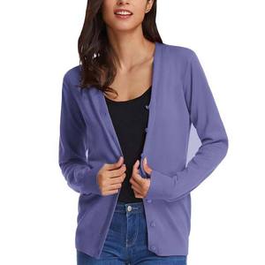 Cardigan pour femme à col en V, manches longues, couleur unie, tricot décontracté, anti-boulochage, 100% acrylique, poches, longueur standard - Product Image 1