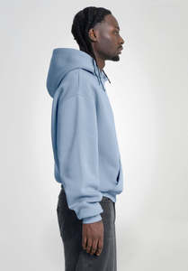 Sudadera con Capucha Azul Claro para Hombre, Corte Holgado, Color Sólido, Informal, Material de Felpa, para Otoño - Product Image 3