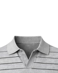 เสื้อโปโลชายลายทางสีเทาและดำ แขนสั้น ชายเสื้อแบบริบ ทรงเข้ารูป สไตล์ลำลอง ผลิตจากผ้าฝ้ายผสม รับผลิตตามแบบ OEM - Product Image 4