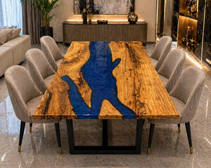 Luxury Modern Blue Epoxy Resin Solid Wood <b>Live</b> <b>Edge</b> Dining <b>Table</b> Handmade Custom Diwali Dining Room Furniture Home Decor - Product Image 2