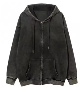 Unisex Black Hooded <b>Zip</b>-Up <b>Sweatshirt</b> <b>Full</b> Sleeve Solid Color Casual Loose Fit Cotton Pullover With Side Pockets Autumn Wear - Product Image 2