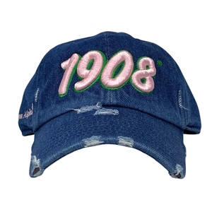 AKA 1908 Denim <b>Hat</b> Blue Embroidered Letter Baseball <b>Cap</b> Adjustable Washed Denim Headwear Casual Fashion Vintage Style <b>Cap</b> - Product Image 1