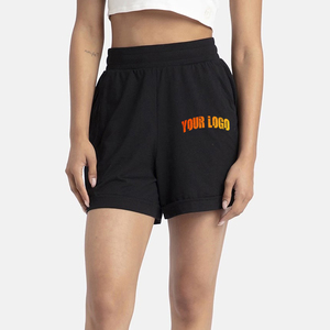 Shorts décontractés d'été pour femmes en microfleece extensible noir uni avec poches latérales boutonnées et taille élastique, personnalisables OEM/ODM - Product Image 1