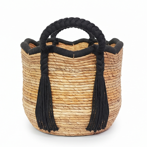 Cesta de almacenamiento de jacinto de agua natural con borlas negras, organizador de baño festoneado tejido a mano, contenedor con logotipo personalizado, venta al por mayor - Product Image 2