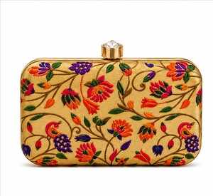 Elegant Gold Embroidered Floral Clutch With Crystal Closure Women's Silk Party Handbag - Product Image 2
