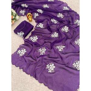 DESIGNER CHINON SILK EMBROIDERY SEQUENCE ZARI WORK <b>SAREE</b> WITH UNSTITCHED BLOUSE <b>PURPLE</b> - Product Image 1