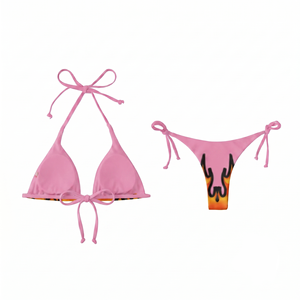 Premium 220 GSM Polyester Spandex Women <b>Bikini</b> <b>Set</b> Pink Flame Print <b>Triangle</b> Tie Side Swimwear Custom Sublimation Logo - Product Image 2