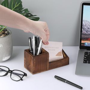 <b>Vintage</b> Wood Business Card Holder Stand for Desk with Pen Pencil Cup 2 Slots Business Card Display Holder Organizer <b>Box</b> - Product Image 6