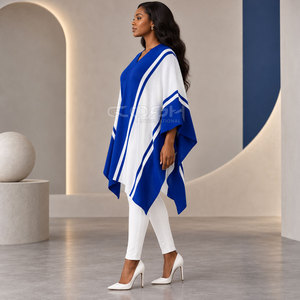 Cosh International Sorority Sisterhood Blue White Color Blocked <b>Poncho</b> V-Neck Batwing Sleeve Long Casual Cloak 100% Polyester - Product Image 4