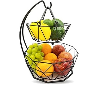 Panier en métal à 2 niveaux pour fruits et légumes, design artisanal élégant, idéal pour hôtel et maison. - Product Image 1
