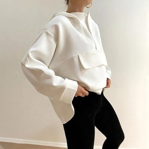 Sudadera con Capucha Oversize para Mujer, Color Blanco Sólido, Diseño Asimétrico, Hombros Caídos, Manga Larga, Mezcla de Algodón, Tejido Personalizado - Product Image 1