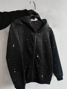 เสื้อสเวตเชิ้ตผู้ชายสีดำแบบซิป ทรงโอเวอร์ไซส์ สไตล์ลำลอง แต่งคริสตัล แขนยาว ลายพิมพ์แบบรีดร้อน สำหรับฤดูใบไม้ร่วง ผ้าถัก 100% - Product Image 6