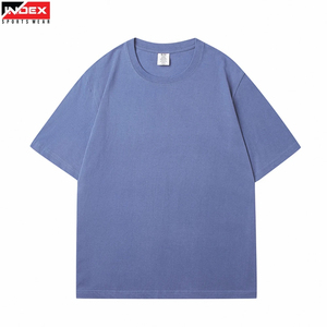 INDEX Men's Blue Short Sleeve T-Shirt O-Neck Oversized Casual Knitted Cotton Solid Color Plain Dyed Style - Product Image 1