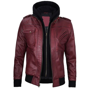 2026 OEM Best Trending Burgundy Cowhide Leather <b>Jackets</b> For Men's Hood Collar High Quality Low MOQ Winter Fashion <b>Heated</b> <b>Jackets</b> - Product Image 3
