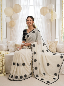 Sari de Seda con Estampado Floral Negro Crema para Mujer, Estilo Tradicional de Diwali, Estilo India-Pakistán, Largo hasta el Suelo, Corte Regular - Product Image 5