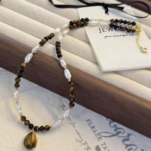 Women's Baroque Freshwater Pearl <b>Necklace</b> with <b>Tiger</b> <b>Eye</b> Stone Small Broken Silver Jewelry Wholesale Retail Accessory - Product Image 3