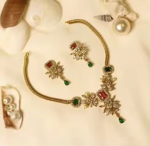 Complete Afghan Bridal Jewelry Set Featuring <b>Ruby</b> And Emerald Rectangular Stone Floral Motif <b>Necklace</b> - Product Image 2