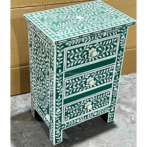 Mesa de madera redonda hecha a mano, taburete lateral convertible con incrustaciones de hueso floral, sala de estar moderna, dormitorio, flores y plantas decorativas - Product Image 3