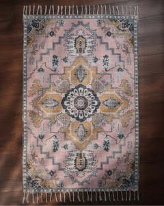Alfombra Oriental India de Poliéster de Pelo Medio, Fabricada a Máquina por Mittal Textile, con Patrón Abstracto, Flecos, Antideslizante, Apta para Mascotas - Product Image 1