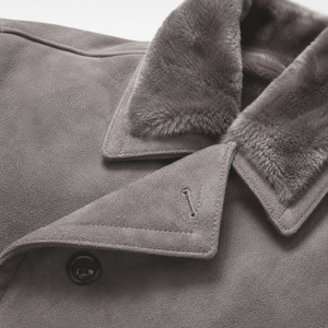 <b>Men's</b> Double Breasted <b>Suede</b> Trench Coat With Faux Fur Collar And Belt Winter Long <b>Jacket</b> Smart Casual Style - Product Image 6