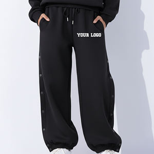 Pantalon en molleton noir pour femme à prix abordable, coupe large, taille mi-haute, avec cordon de serrage, ample, longueur intégrale, couleur unie, décontracté, avec bouton - Product Image 4