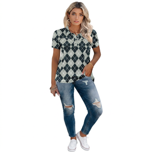Polo pour femme à motif Argyle, manches courtes, décontracté, respirant, en polyester tissé - Product Image 2